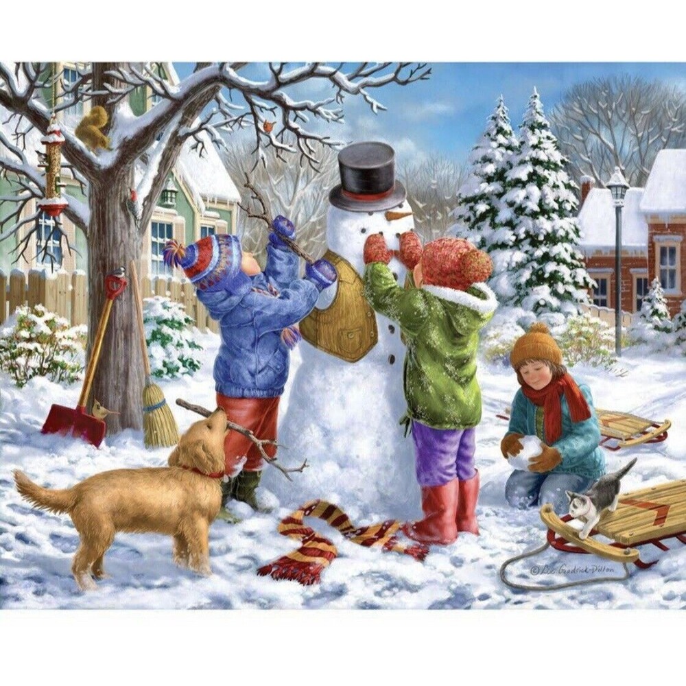 BITS AND PIECES PUZZLE  "BUILDING A SNOWMAN ON A SNOW DAY" 300 LARGE PIECE gw